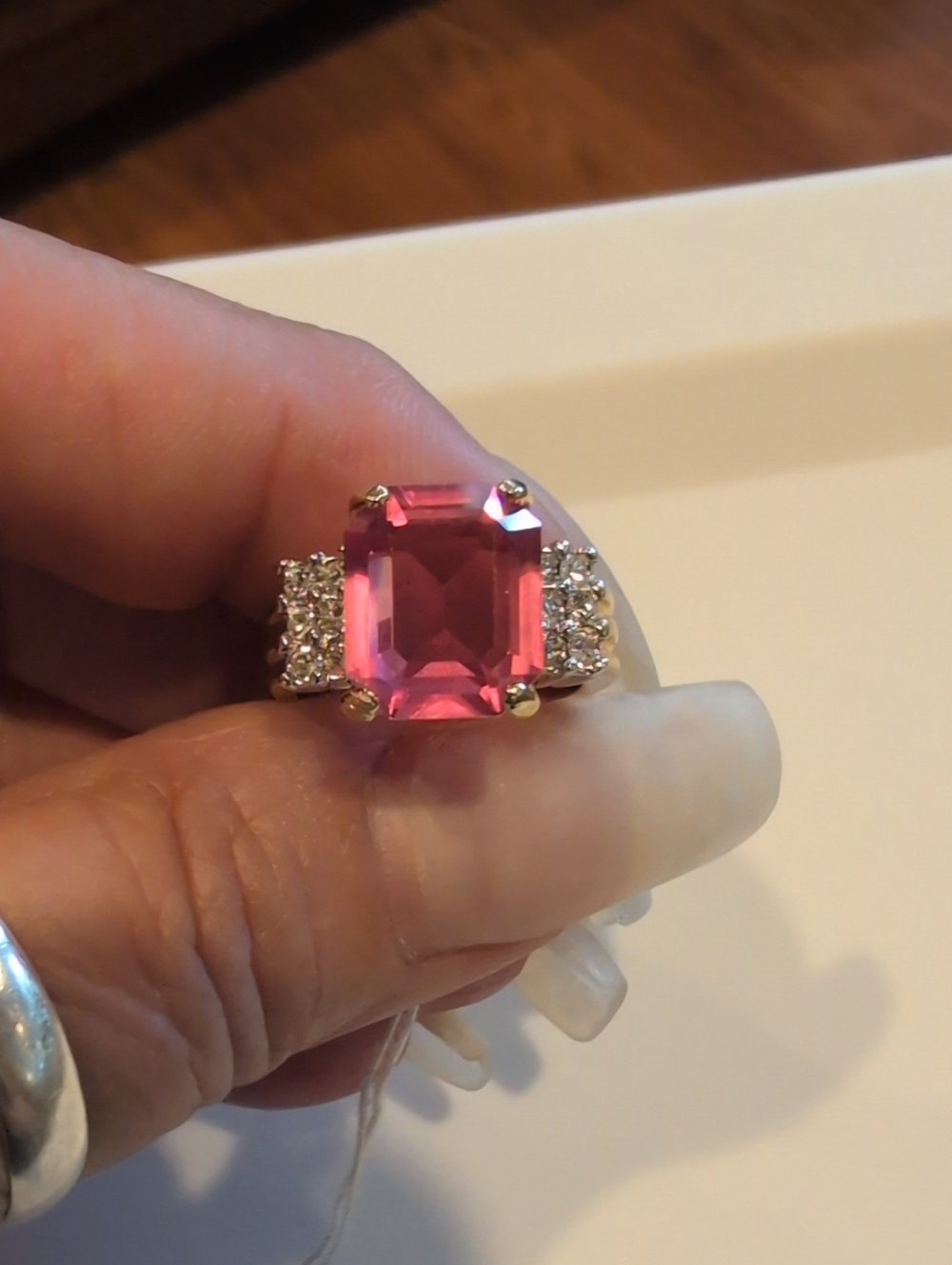 Park Lane Pink Emerald-Cut Gold Tone Ring Pavé Side Crystals Size 5 Or 6